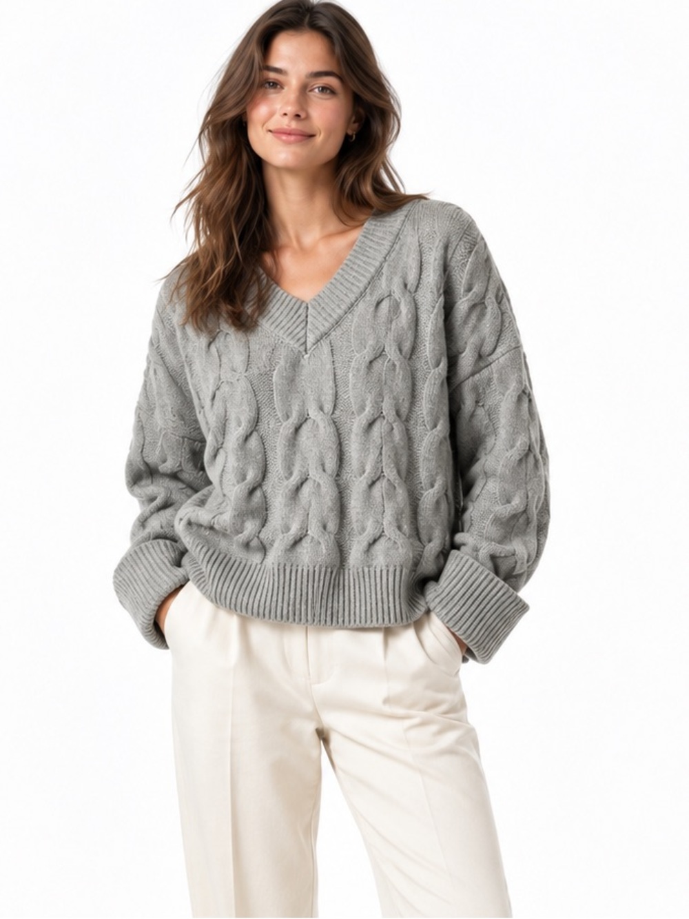 Chunky Oversized V-Neck Cable Knit Sweater Sage Green Medium